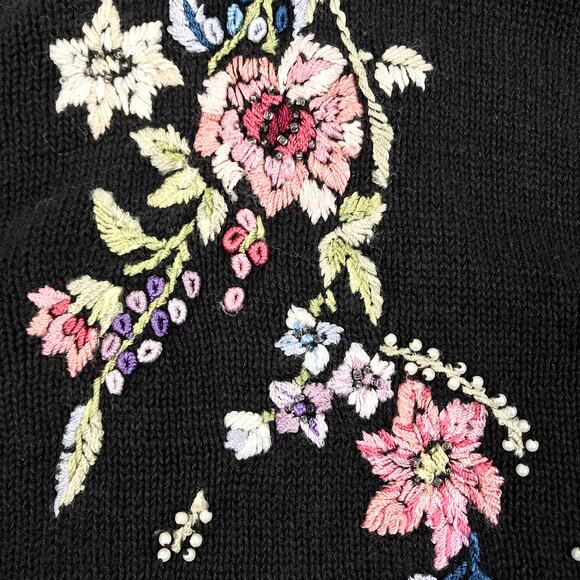 TIARA Vintage 90s Embroidered Knit Cardigan Women L Black Retro Unique Old Money - Picture 6 of 10